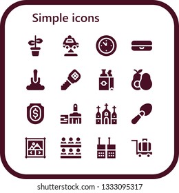 simple icon set. 16 filled simple icons.  Collection Of - Pot, Car, Wall clock, Float, Shovel, Key, Shopping bag, Avocado, Shield, Paint brush, Church, Scoop, Image gallery, Classroom