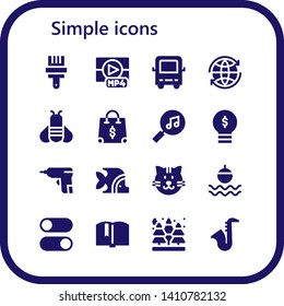 simple icon set. 16 filled simple icons.  Simple modern icons about  - Paint brush, Mp, Bus, World, Bee, Shopping bag, Search, Lightbulb, Caulk gun, Fish, Cat, Float, Switches