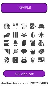  simple icon set. 25 filled simple icons. Simple modern icons about  - World, Plug, Worm, Cards, Single bed, Stomach, Chewing gum, View, Negative, Light, Left alignment, Desk chair