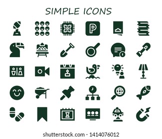 simple icon set. 30 filled simple icons.  Simple modern icons about  - Trophy, Friends, Cpu, Parking, Flyer, Books, Toucan, Artboard, Shovel, Pan, Chat, Wc, Camera, Calendar, Seagull