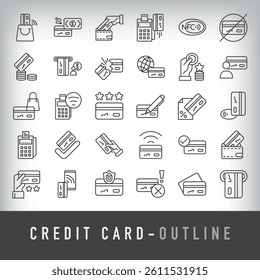 Simple icon set of 30 linear credit card bank company ions. ATM, post device, account, wallet and banking design.