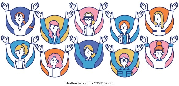 It is a simple icon set B (circle) with women of various occupations doing banzai.