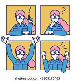 A simple icon set (B) of a woman wearing work clothes.