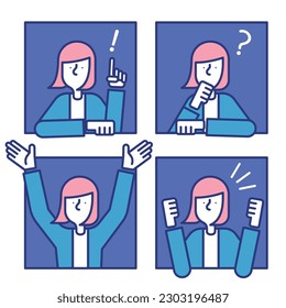 A simple icon set (B) of a woman in a casual suit.