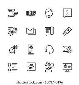 Simple icon set call center and technical support, assistance and help around clock. Contains such symbols phone, wireless headset, hotline, settings online, chat administrator, email and other
