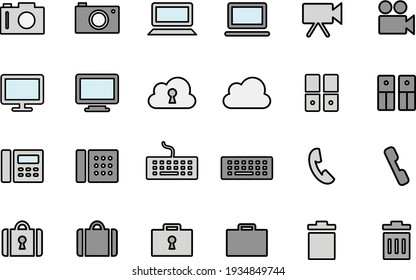 Simple icon set of camera, PC, video, video, monitor, cloud, security, server, phone, keyboard, bag, trash can