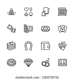 Simple icon set casino, gambling and card games. Contains such symbols diller, player, dice, cards, suit, chips, money bets jackpot slot machines