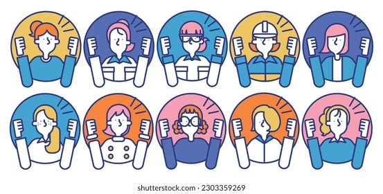 It is a simple icon set A (circle) where women of various occupations are cheering.