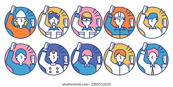 It is a simple icon set A (circle) where man of various occupations are cheering.