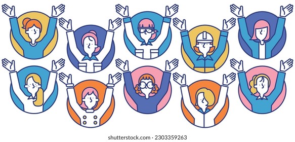 It is a simple icon set A (circle) in which women of various occupations are doing banzai.