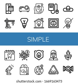 simple icon set. Collection of Calendar, Crane, Projector, Light bulb, Vows, Lightbulb, Ebook, Socket, Pamela hat, Incandescent light, Appointment, Light, Microchip, Bag icons