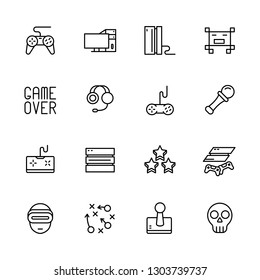 Simple icon set computer games. Contains such symbols game joystick, console, server, gaming equipment, strategy, virtual reality glasses, remote controller and more