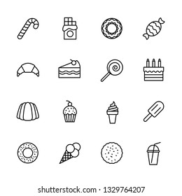 Simple icon set confectionery, pastries and sweets. Contains such symbols lollipop, chocolate bar, candy, donut, croissant, birthday cake, cake slice, ice cream, milk cocktail