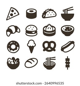 Simple Icon Set of Diverse Food Options, Brown on White