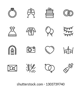 Simple icon set engagement and wedding in church. Contains such symbols love, ring, bride wedding dress and groom suit, photo video camera, salute, champagne, invitation, celebration and more