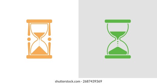 Sencillo conjunto de iconos con temporizadores de cristal de arena naranja y verde, que simbolizan el paso del tiempo, la fecha límite y la urgencia contra un fondo blanco limpio.