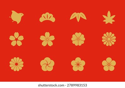 A simple icon set featuring traditional Japanese lucky charm and auspicious motifs. This collection includes a variety of symbolic elements associated with good fortune, prosperity, happiness, and celebration in Japanese culture. Clean and versatile vector icons suitable for New Year designs, Japanese-themed projects, advertisements, packaging, websites, educational materials, and decorative backgrounds. Isolated icon set with a simple and easy-to-use design.