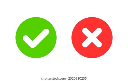 A simple icon set featuring two bold symbols a green circle with a white checkmark, symbolizing approval or correctness, and a red circle with a white cross, representing error or rejection.