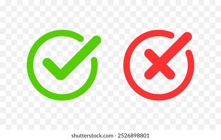Ein einfacher Symbolsatz mit zwei fetten Symbolen, einem grünen Kreis mit einem weißen Häkchen, das die Genehmigung oder Korrektheit symbolisiert, und einem roten Kreis mit einem weißen Kreuz, der einen Fehler oder eine Ablehnung darstellt.