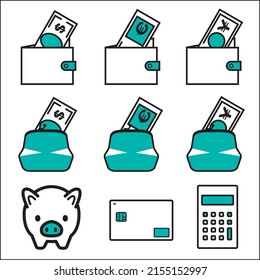 A simple icon set of financial finance images. Dollar Yen Euro Wallet Piggy Bank Infographics