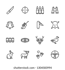 Simple icon set forest hunting. Contains such symbols knife, bullets, ammunition, hunting rifle, weapon, binoculars, wood, trophy, duck hare deer target sight and more