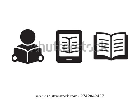 A simple icon set illustrating reading with a person, e-reader, and an open book representing different reading methods.