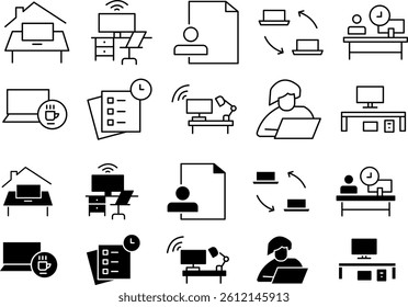 Simple icon set illustration remote work concepts, including home office, virtual meetings, online collaboration, and digital tools, ideal for web, apps, and presentations.
