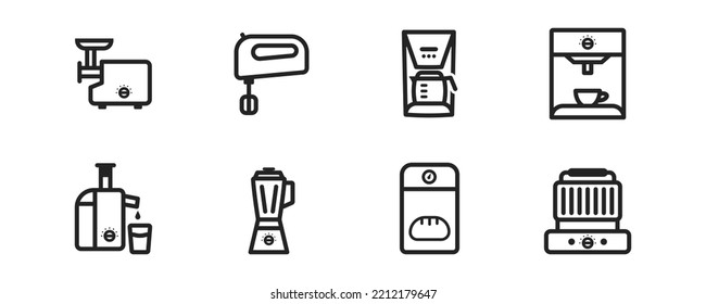 Conjunto simple de iconos del aparato de cocina. Símbolo de cocina. Cartel para hacer café. Contiene iconos como juicer, cafetera, mezclador, etc. Ilustración vectorial. 