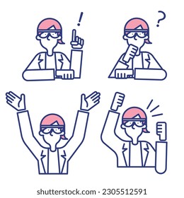 A simple icon set of a man wearing a white coat and goggles.