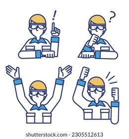 A simple icon set of a man wearing work clothes and goggles.