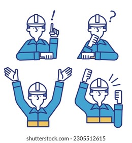 A simple icon set of a man wearing a helmet and work clothes.