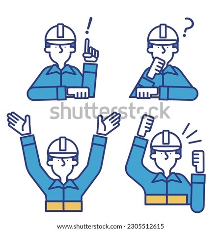 A simple icon set of a man wearing a helmet and work clothes.