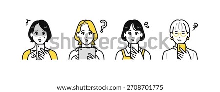 A simple icon set of middle-aged women who are troubled by digital devices such as smartphones and tablets