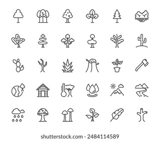 Simple icon set of nature green tree and related thing on white background, environment and plants concept, 64x64 pixel perfect icon, 30 editable stroke using for website, media, mobile application