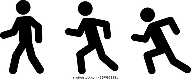 Simple icon set of people walking, running, and running fast
