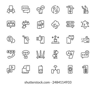 Simple icon set of phone chat communication and related thing on white background, smartphone and chat concept, 64x64 pixel perfect, 30 editable stroke using for website, media, mobile application