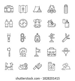 Simple icon set related to hiking and camping gear, travel on white background