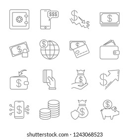 Simple icon set related to Money. A set of sixteen symbols. Thin line vector icon set - dollar coin vector, credit card, wallet, cash, money bag, piggy bank, investment, shield