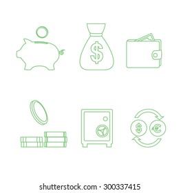 Simple icon set related to money. With piggy bank purse, Money bag, coins, safe, exchange