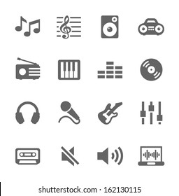 Simple icon set related to Music. A set of sixteen symbols.