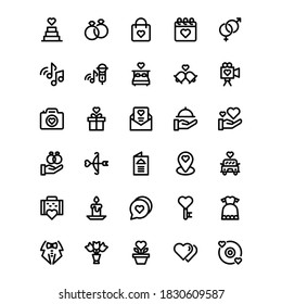 Simple icon set related to wedding utensils and plans on white background