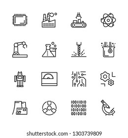 Simple Icon Set Scientific Industry, Production And Manufacturing. Contains Such Symbols Plant, Factory, Chemistry, Physics, Medicine, Biology, Research, Digital Technologies And Laboratory Equipment