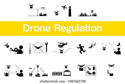 Un conjunto de iconos simple que muestra la legislación sobre aviones no tripulados