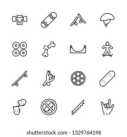 Simple icon set skateboarding and youth sport. Contains such symbols skateboard, wheels, extreme sports, injuries, stunts, skills