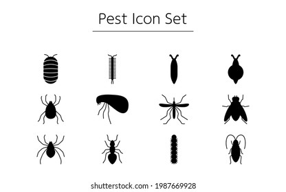 Simple icon set of unpleasant pests, cockroaches, mites, mosquitoes, flies, spiders, etc.