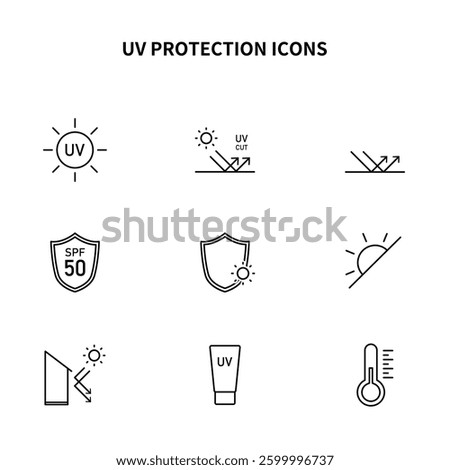 Simple icon set | UV care, ultraviolet rays, sunlight, sunburn, heat stroke