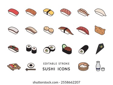 Simple icon set of various sushi