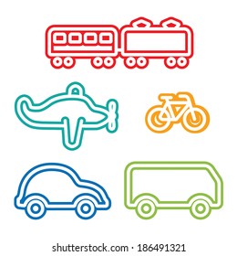 Simple Icon Set of Vehicles: Train, Airplane, Bicycle, Car and Bus, Colorful Children's illustration style