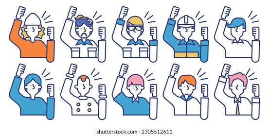 It is a simple icon set A where man of various occupations are cheering.