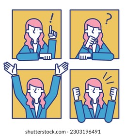 A simple icon set of a woman in a casual suit.